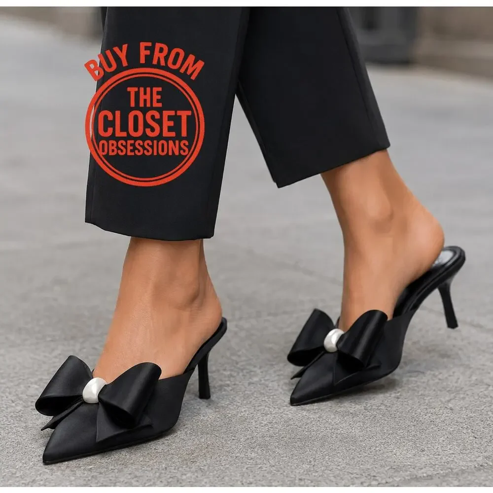 ZARA Black Satin Bow Pearl Slingback Heels NWT Pointed Toe Size 6.5